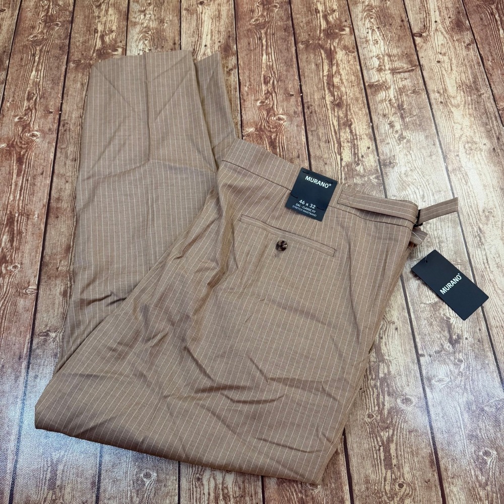 Murano Zac Classic Fit Dress Pants Mens 46 x 32 Brown Pinstripe Stretch NWT